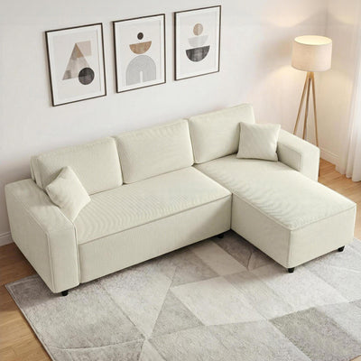 Canapé d'angle réversible 3 places moderne avec coussins inclus, tissu velours côtelé, crème