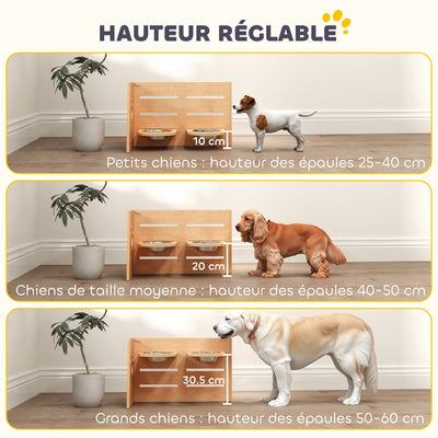 Gamelle chien surélevée de 3 hauteurs ajustables gamelle pour chien 2 bols acier inoxydable 63 x 58,5 x 40 cm chêne
