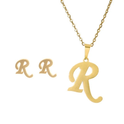 Fashion Stainless Steel A-Z Alphabet Initial Necklace 26 English Letter Earrings Necklace For Women Set Personalize Jewelry Gift