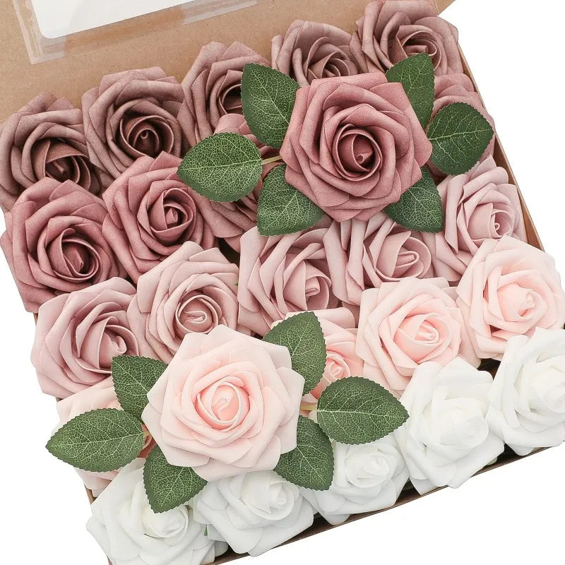 NNETM 25pcs Real Touch Cinnamon Combination Artificial Rose Flower Arrangement - Warm Taupe & Nude
