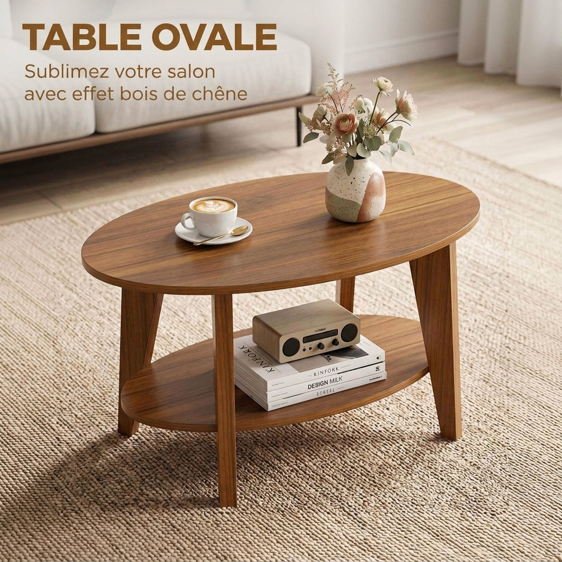 Table Basse Ovale à 2 Niveaux, Table de Salon Moderne avec Étagère Inférieure Ouverte, 80 x 50 x 45 cm, Chêne Aosom