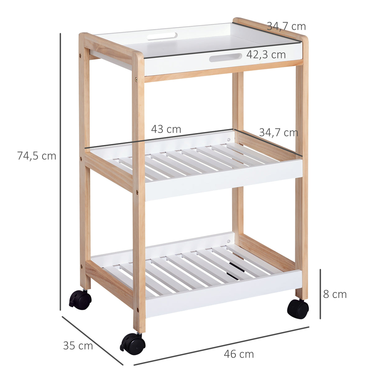 Chariot de service desserte de cuisine à roulettes 2 étagères + plateau amovible bois de pin MDF blanc