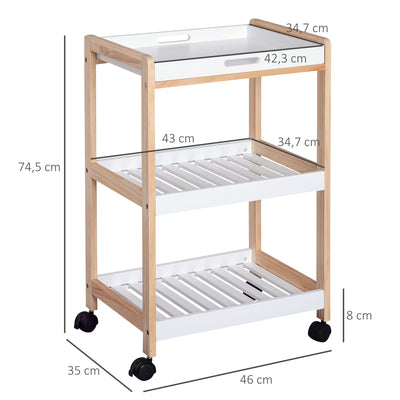 Chariot de service desserte de cuisine à roulettes 2 étagères + plateau amovible bois de pin MDF blanc