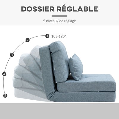 Chauffeuse canapé-lit convertible fauteuil 1 place avec 1 coussin avec dossier réglable, bleu