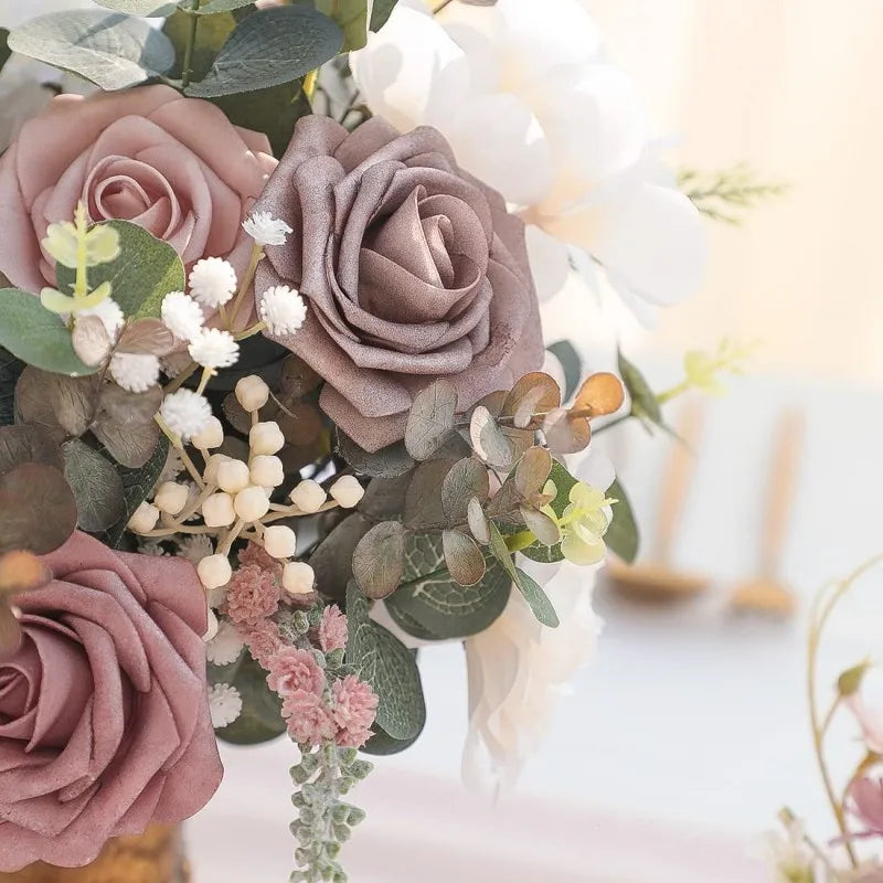 NNETM 25pcs Real Touch Cinnamon Combination Artificial Rose Flower Arrangement - Warm Taupe & Nude
