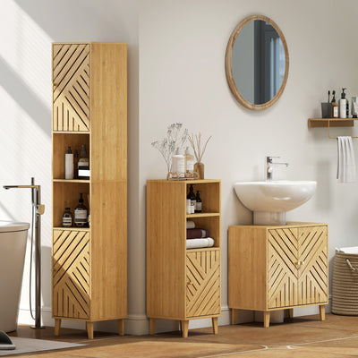 Meuble de salle de bain, meuble de rangement avec 1 placard, 2 compartiment ouvert, 32 x 30 x 90 cm, effet bois naturel