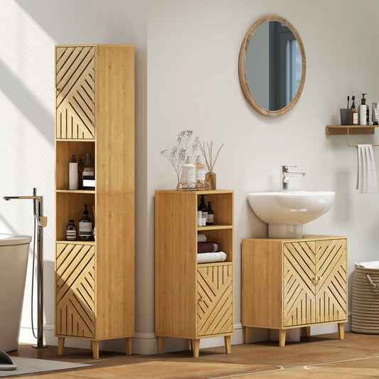 Meuble de salle de bain, meuble de rangement avec 1 placard, 2 compartiment ouvert, 32 x 30 x 90 cm, effet bois naturel