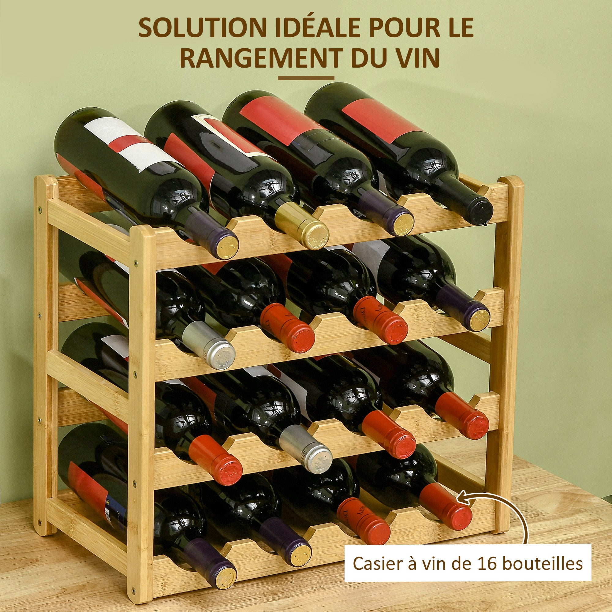 Range-bouteilles casier porte-bouteilles en bois de bambou 4 niveaux 16 bouteilles 43 x 23,5 x 38 cm bois naturel