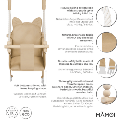 MAMOI Baby swing wood + SAFETY BELT, Swing for children garden indoor outdoor