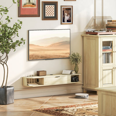 Meuble TV suspendu, meuble télé pour téléviseur jusqu'à 50 pouces, tiroir rabattable 2 étagères 120x24x16cm bois naturel