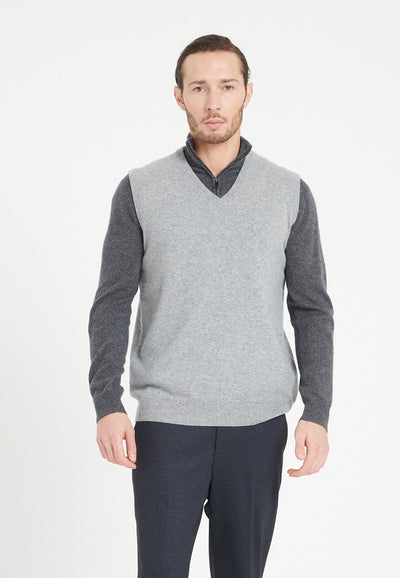 Pull col V sans manches homme en cachemire gris clair - LUKE 9