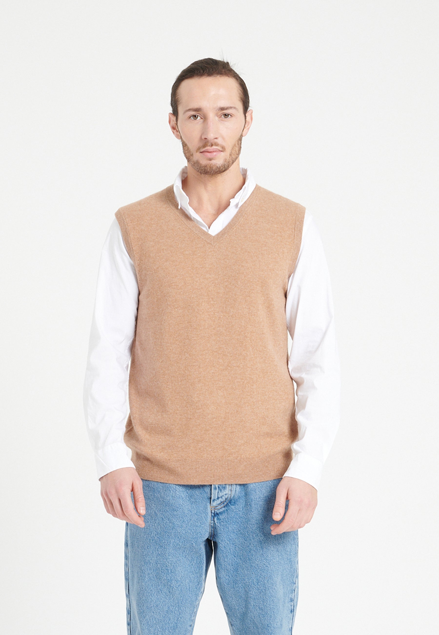 Pull col V sans manches homme en cachemire camel - LUKE 9