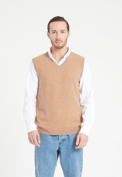 Pull col V sans manches homme en cachemire camel - LUKE 9