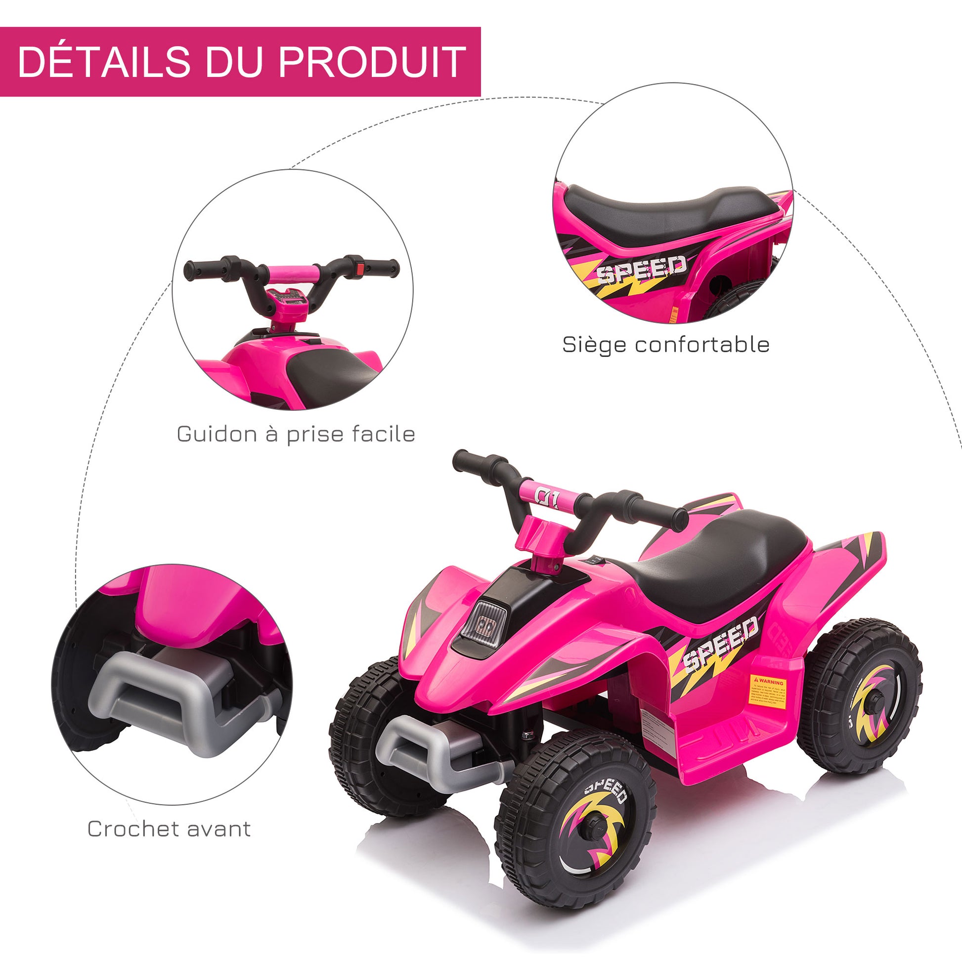 Quad électrique pour enfants 18-36 mois véhicule à batterie 6V avec marche avant et arrière 72 x 40 x 45,5 cm rose