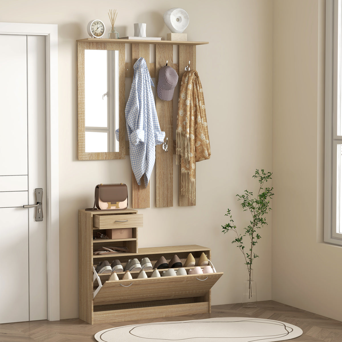 Meuble d'entrée vestiaire panneau porte-manteau, miroir et banc à chaussures - 6 crochets 90x10x91cm effet bois naturel