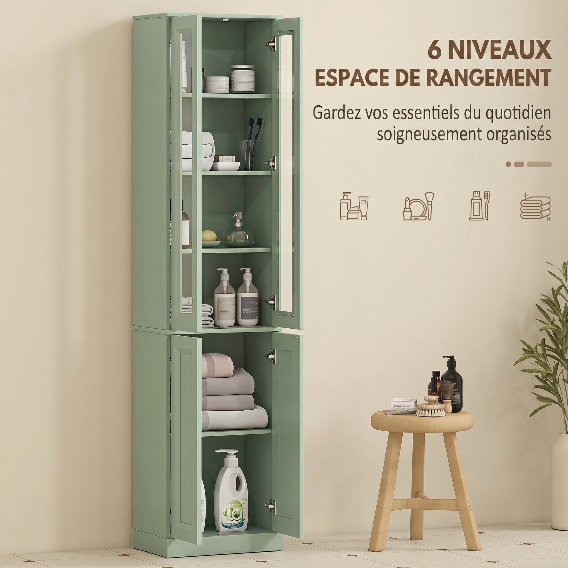 Meuble de Salle de Bain 6 niveaux, Meuble de Rangement avec 4 Portes à Fermeture Douce et Étagères Réglables, Vert