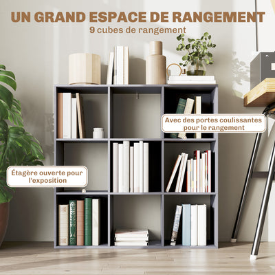 Bibliothèque, étagère de rangement à 3 niveaux avec 9 compartiments, pour salon, bureau, chambre, 91x29,5x91cm, gris