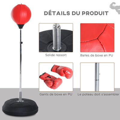 Sac de Frappe sur Pied Punching ball sur pied réglable en hauteur 126-144 cm avec gants, pompe et base de lestage pour adolescents et débutants rouge