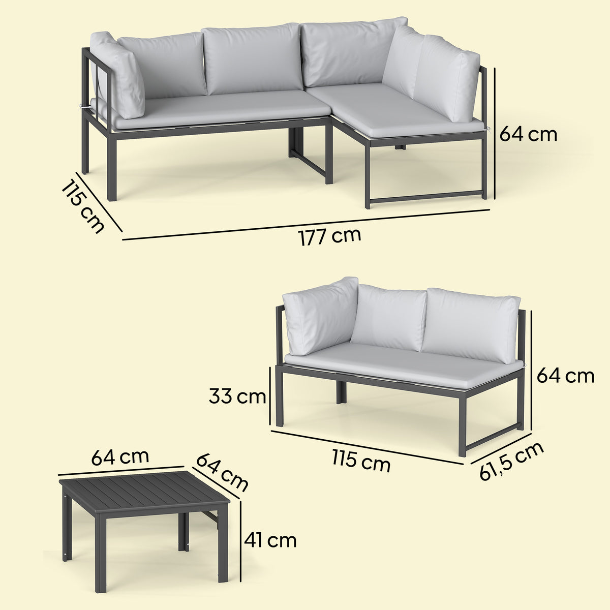 Salon de Jardin Mobilier de Terrasse 3 Pièces 4 Places Modulable avec Accoudoir Réglable Coussins Épais 16cm Gris