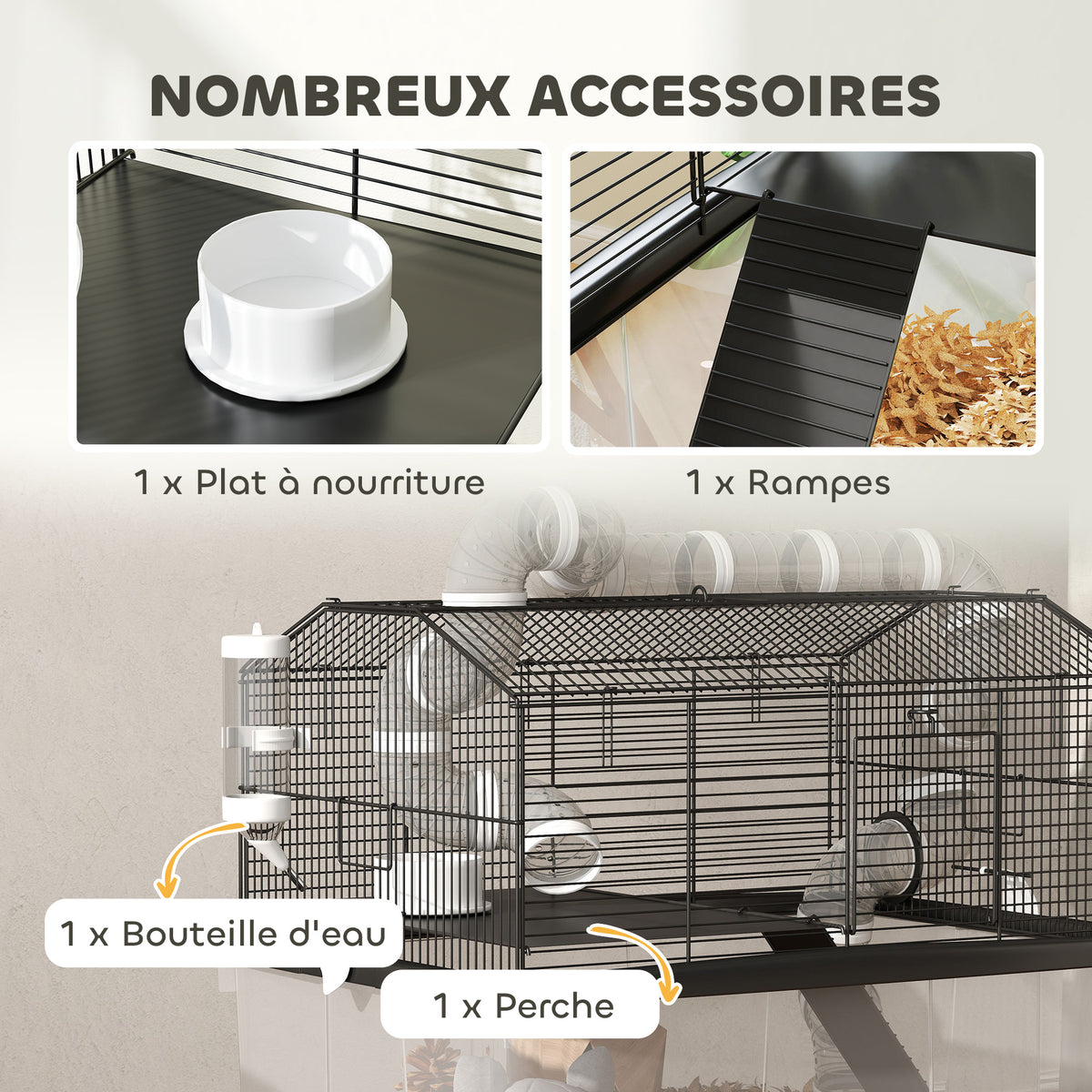 Cage pour hamster portable cage pour hamster avec rampe, gamelle, bouteille d'eau système de tuyaux 58 x 43 x 57 cm noir
