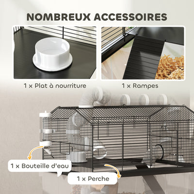 Cage pour hamster portable cage pour hamster avec rampe, gamelle, bouteille d'eau système de tuyaux 58 x 43 x 57 cm noir