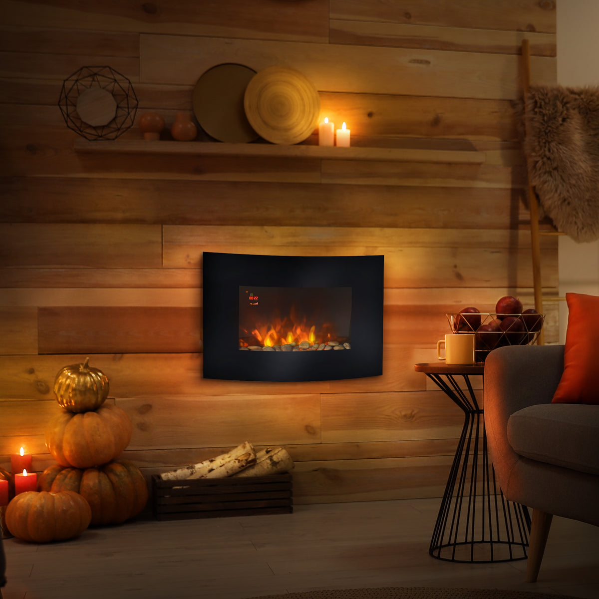 Cheminée électrique Murale éclairages latéraux LED Design Avant-gardiste Affichage LED avec télécommande et minuterie 900/1800 W luminosité réglable Noir