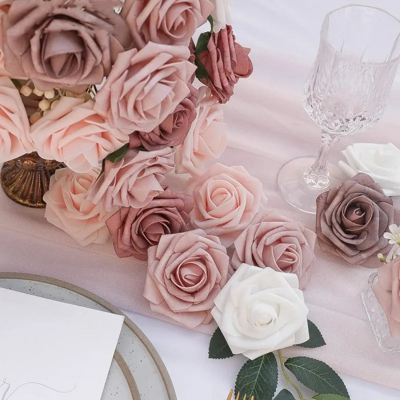 NNETM 25pcs Real Touch Cinnamon Combination Artificial Rose Flower Arrangement - Warm Taupe & Nude