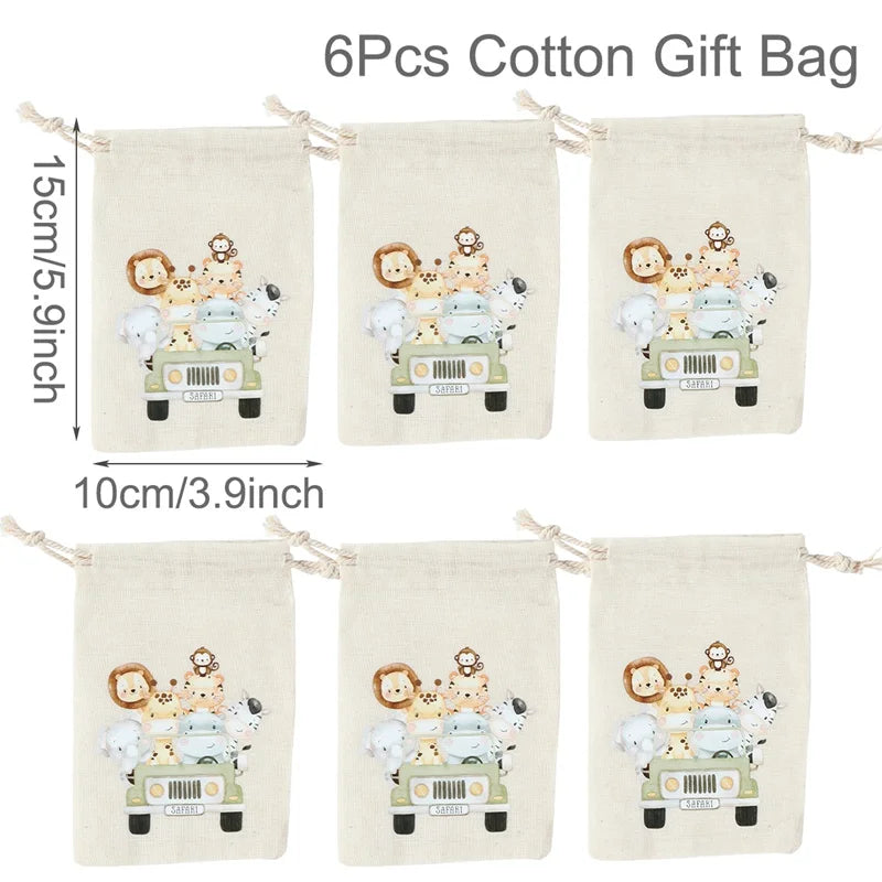 Set of 6 cotton canvas bags withanimals