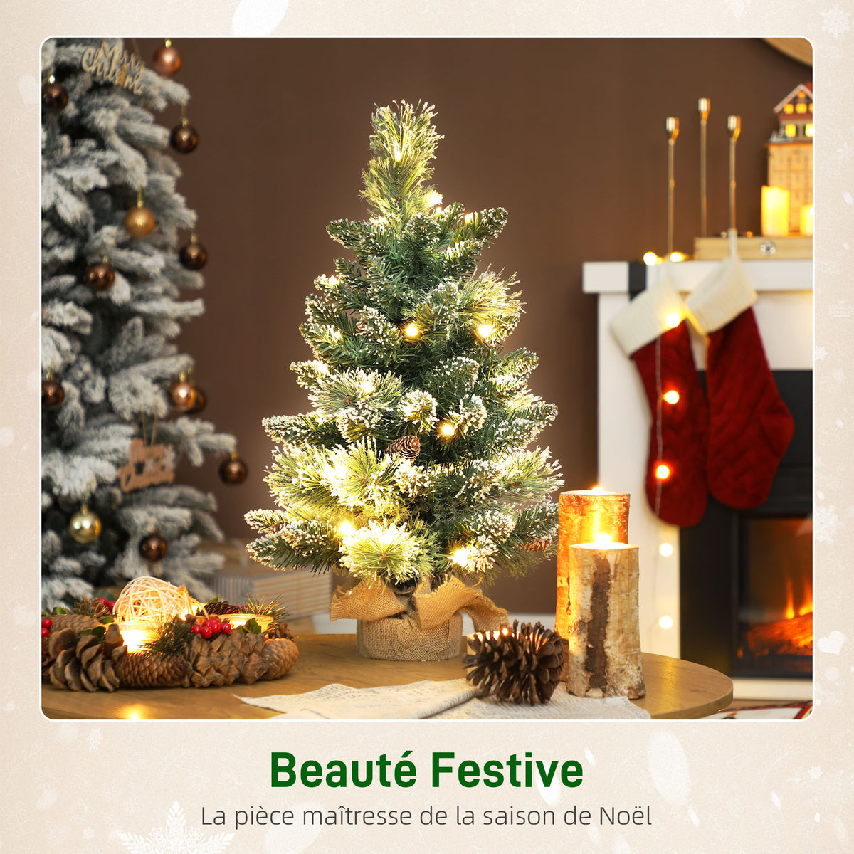 Sapin de Noël artificiel 60 cm, mini arbre de Noël de table floqué avec 35 LED, pommes de pin, fonctionne à piles, vert