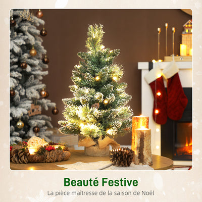 Sapin de Noël artificiel 60 cm, mini arbre de Noël de table floqué avec 35 LED, pommes de pin, fonctionne à piles, vert