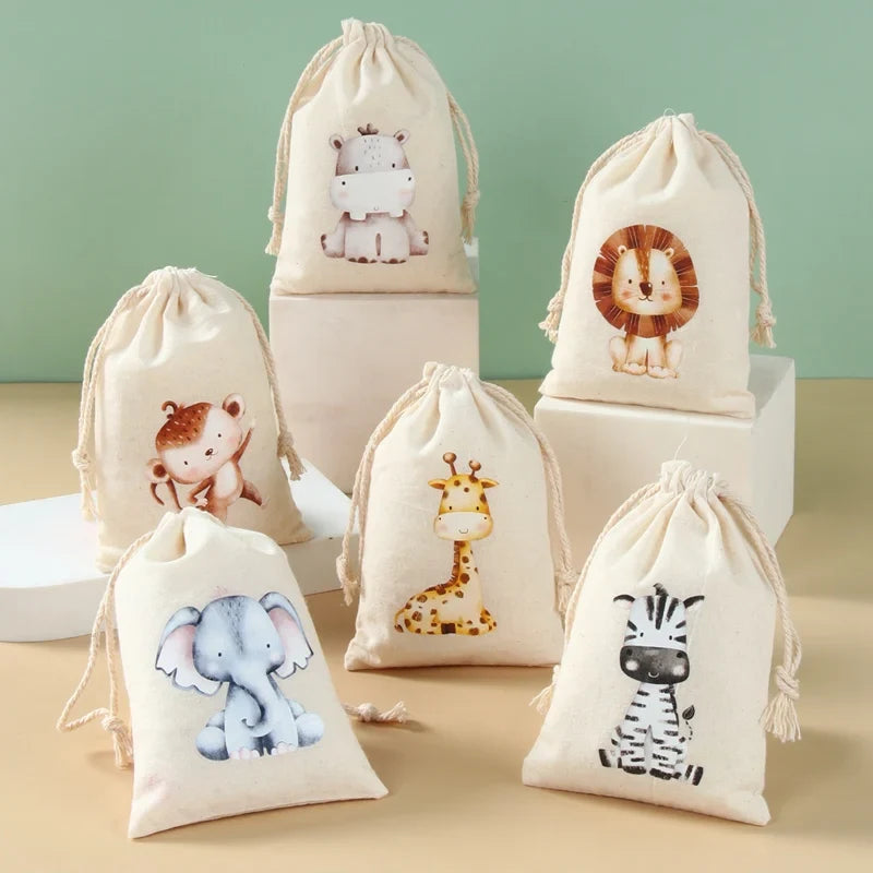 Set of 6 cotton canvas bags withanimals
