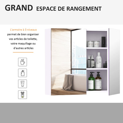 Armoire murale salle de bain avec miroir 70 x 60 cm avec étagère réglable, miroir salle de bain avec rangement, blanc