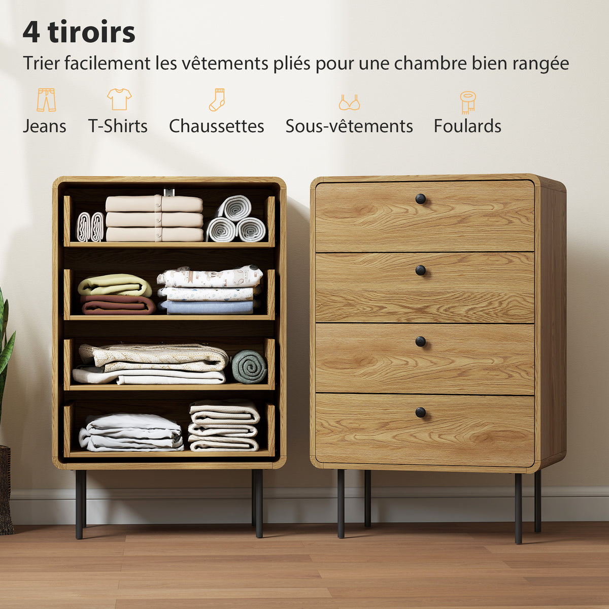 Commode 4 tiroirs, meuble de rangement étroit avec pieds en acier, coins arrondis, 60 x 39 x 91,5 cm, chêne
