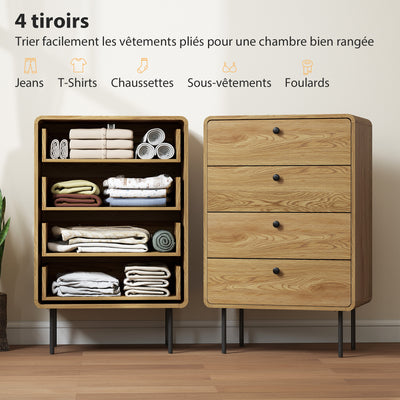 Commode 4 tiroirs, meuble de rangement étroit avec pieds en acier, coins arrondis, 60 x 39 x 91,5 cm, chêne