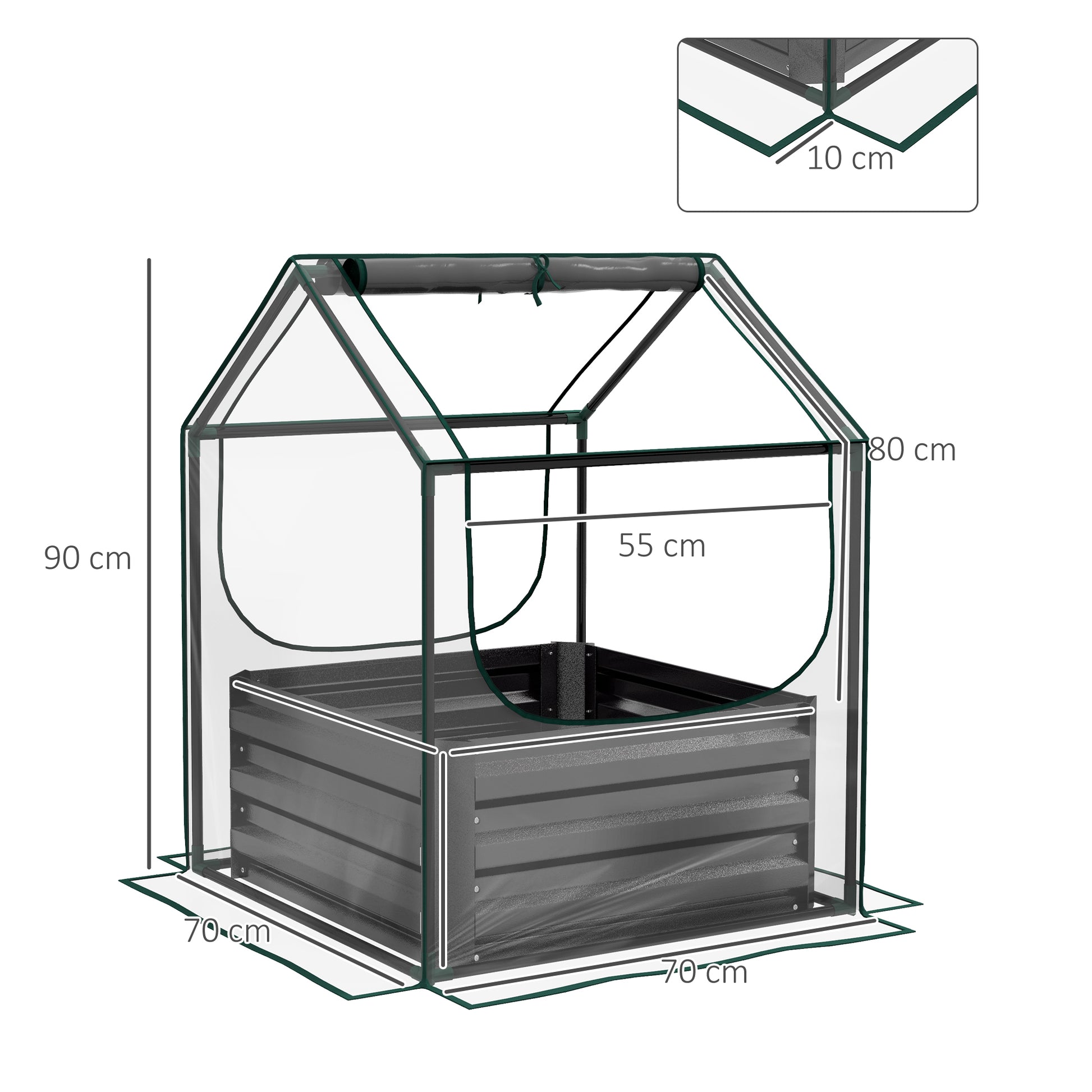 Carré potager de jardin avec mini serre, jardinière surélevée en acier galvanisé, 70 x 70 x 90 cm, gris foncé