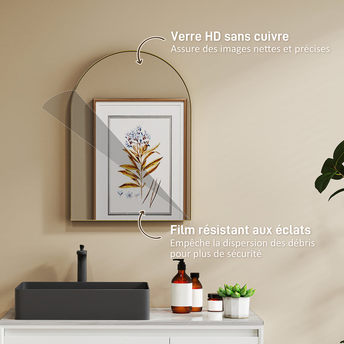 Miroir mural arqué miroir de salle de bain avec cadre en alliage d'aluminium pour chambre salon entrée 50 × 70 cm or