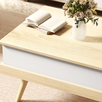 Table Basse Relevable avec 3 Compartiments Cachés, Table de Salon Moderne, Pieds en Bois, 100x79x54cm, Naturel Blanc