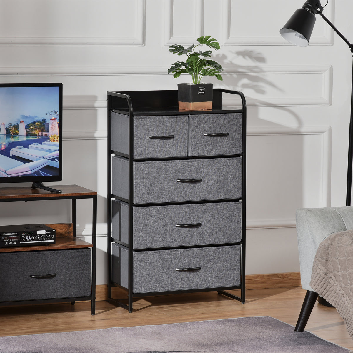 Commode Meuble de Rangement 5 tiroirs Pliables en Tissu 58 x 29 x 99 cm Gris