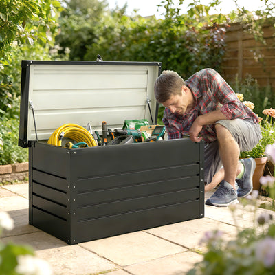 Coffre de rangement métal boîte de jardin 350L double vérins à gaz  verrouillable pour coussins outils gris anthracite