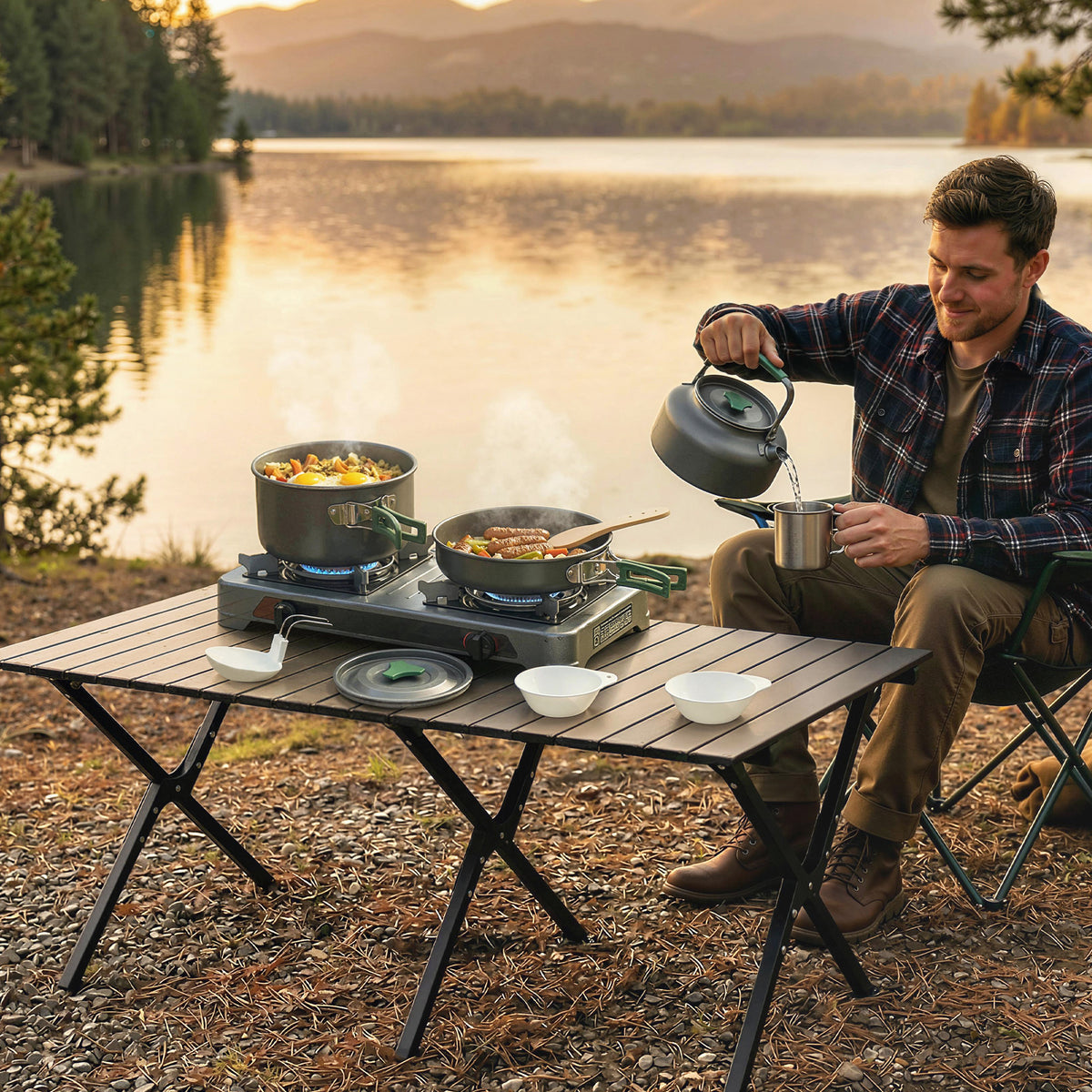 Kit de Casseroles Camping en Aluminium 11 Pcs, avec Sac de Rangement et Poignées Anti-Brûlures, Ø19x10cm, Gris