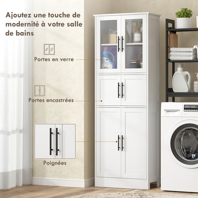 Meuble de salle de bain, meuble de rangement 6 niveaux, 6 portes dont 2 vitrées, étagères réglables, 60x30x170cm, blanc