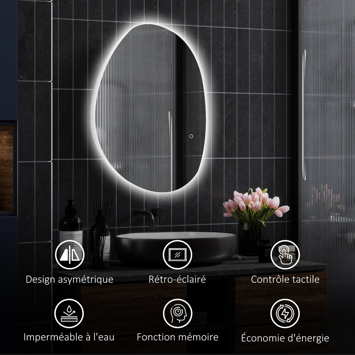 Miroir salle de bain avec éclairage LED 80 x 60 cm, miroir lumineux mural avec antibuée, mémoire, IP44, argenté