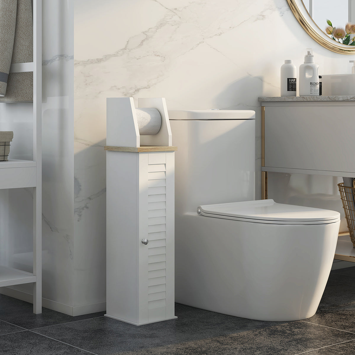 Meuble de salle de bain support papier toilette avec placard et étagère réglable 18 x 20 x 80 cm blanc