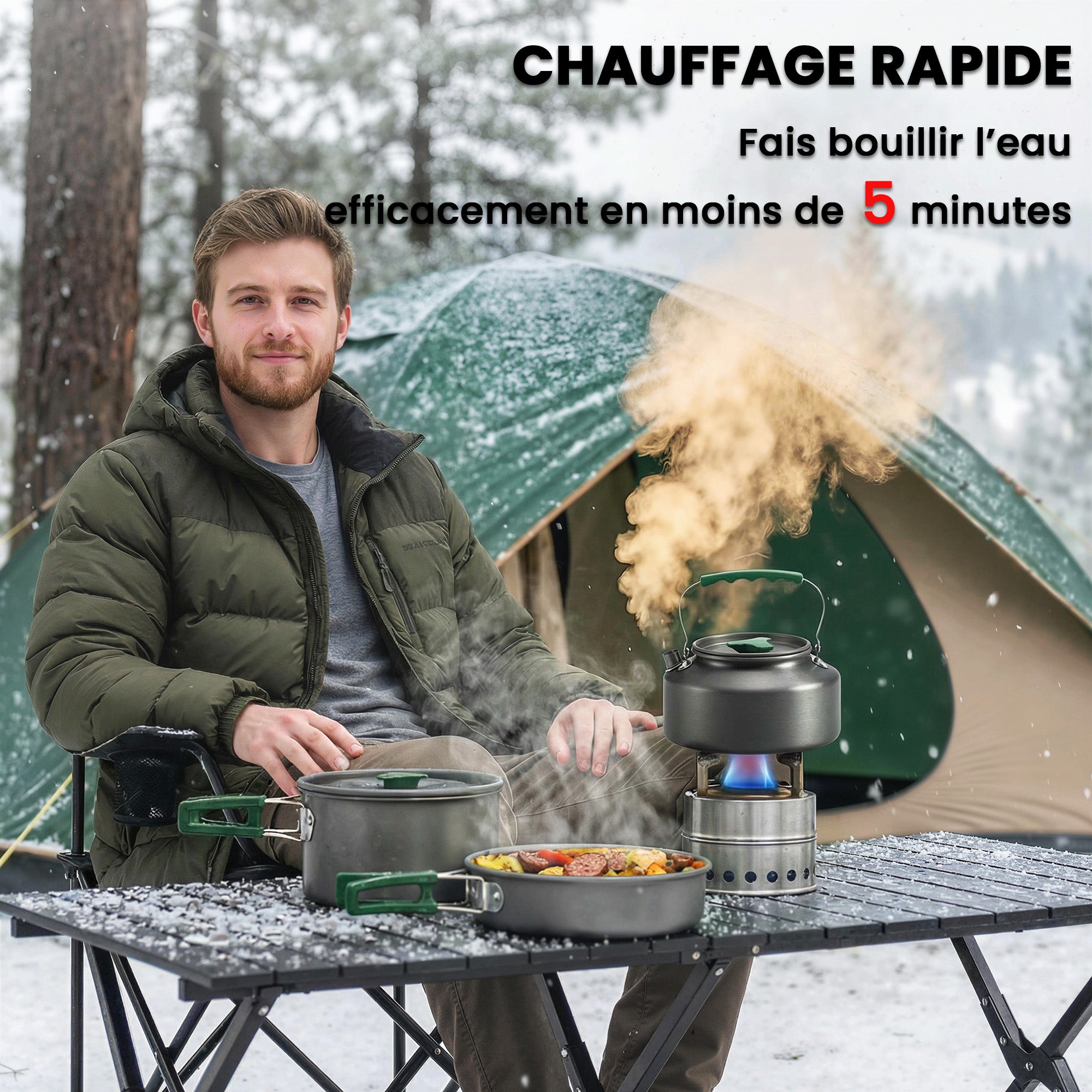 Kit de Casseroles Camping en Aluminium 11 Pcs, avec Sac de Rangement et Poignées Anti-Brûlures, Ø19x10cm, Gris
