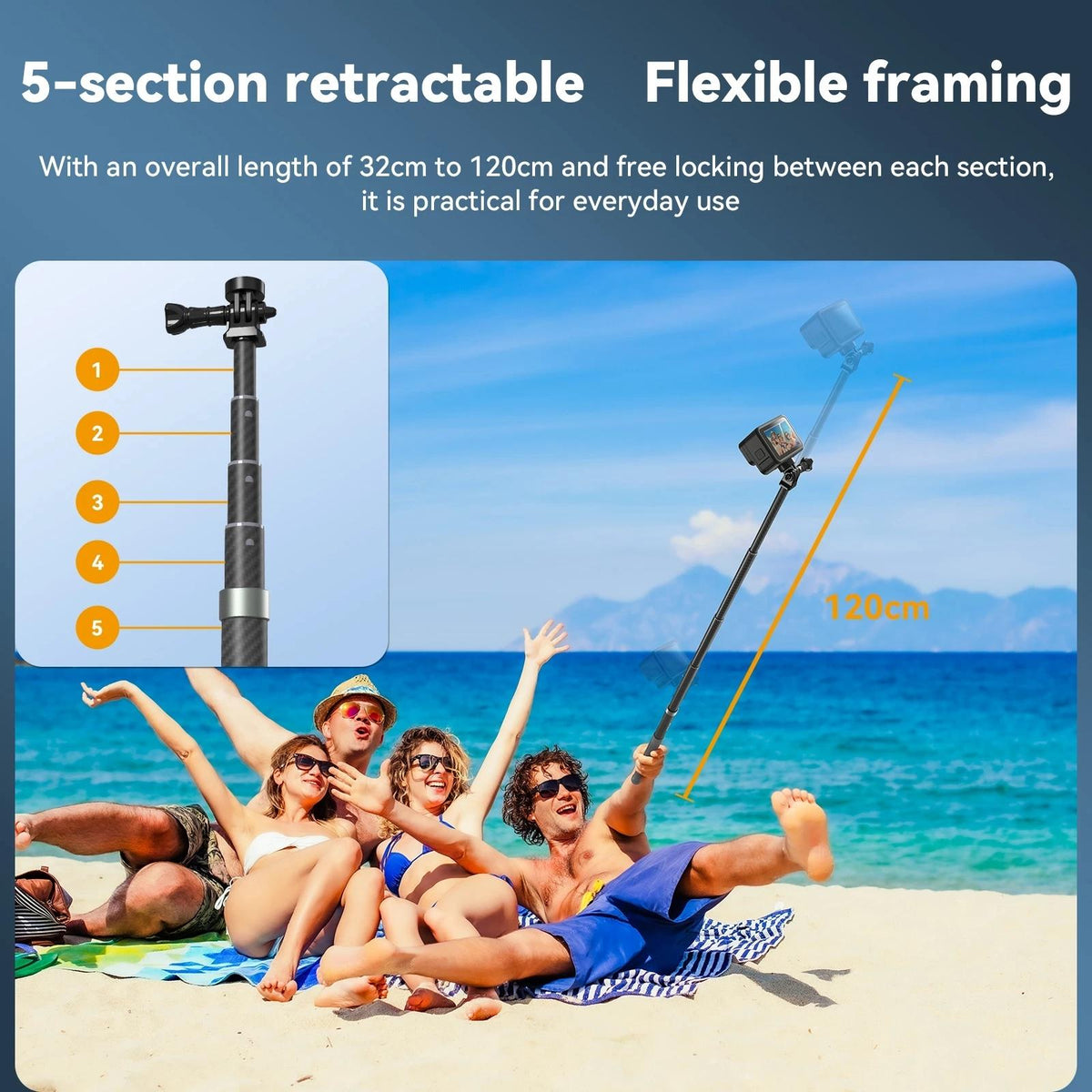 NNEIDS Carbon Fiber Selfie Stick For Action Cameras - 1 / 4 Screw