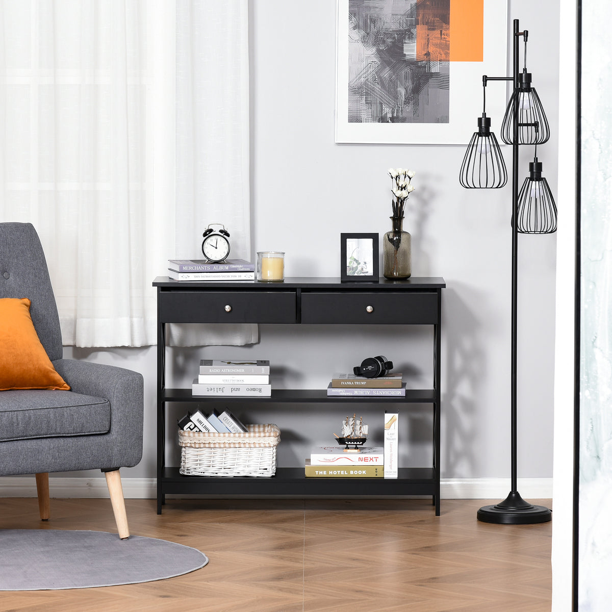 Table de console table d'entrée style table de drapier néo-rétro 2 tiroirs 2 étagères dim. 100L x 30,5l x 80H cm en bois noir