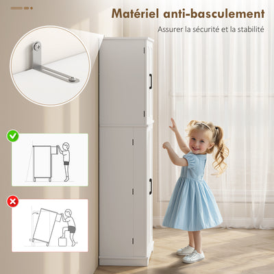 Buffet haut cuisine, armoire de cuisine, 4 portes, 10 niches, 8 porte-épices et étagères réglables, 60x35x162cm, blanc