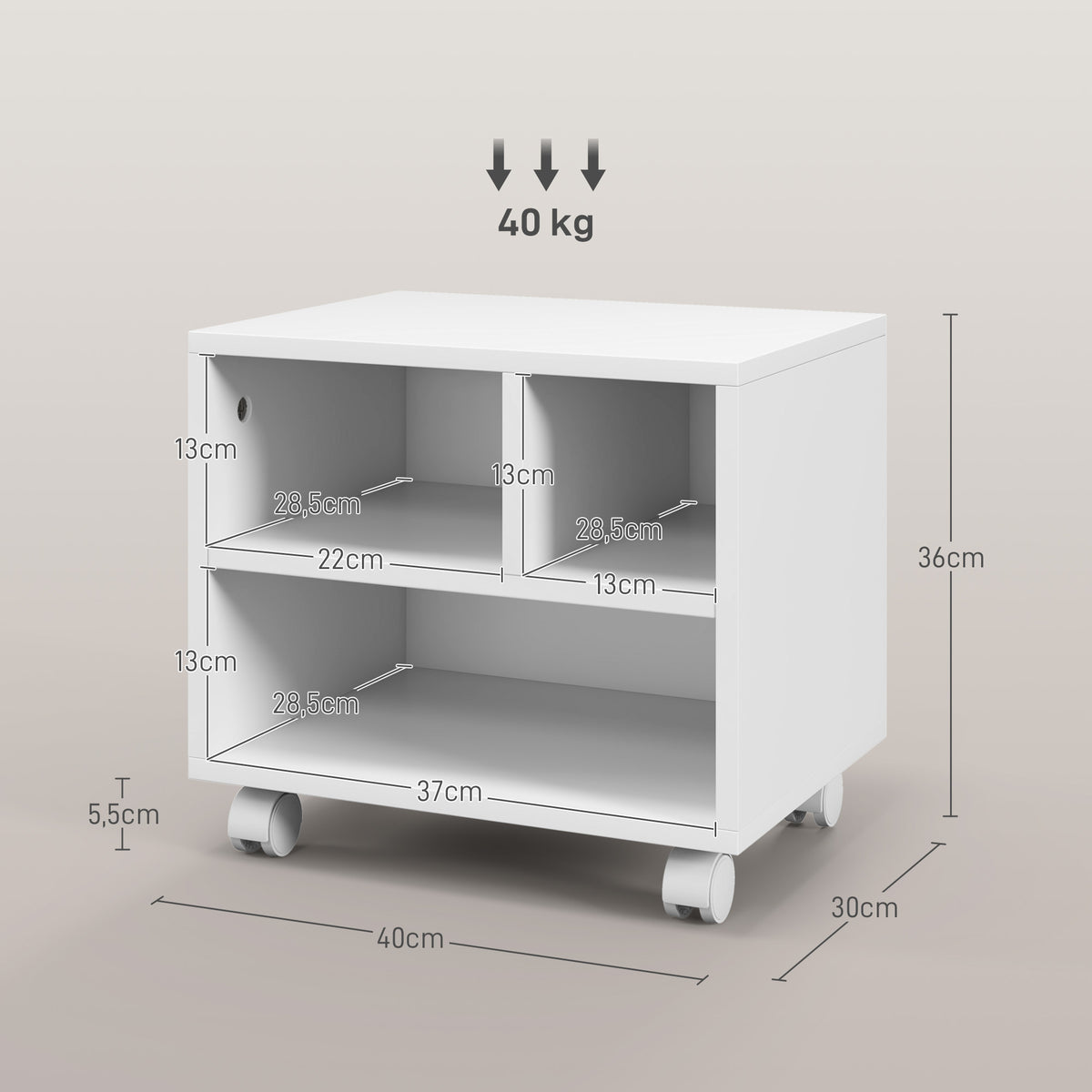 Support d'imprimante meuble de rangement bureau caisson 4 compartiments ouverts 40L x 30l x 36H cm blanc