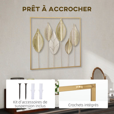 Décoration murale en métal moderne, sculpture murale en métal en forme de feuille, 70 x 70 cm, doré