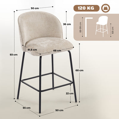 Lot de 2 tabourets de bar, chaises de bar avec repose-pieds et dossier, tissu en chenille, hauteur d'assise 68 cm, beige